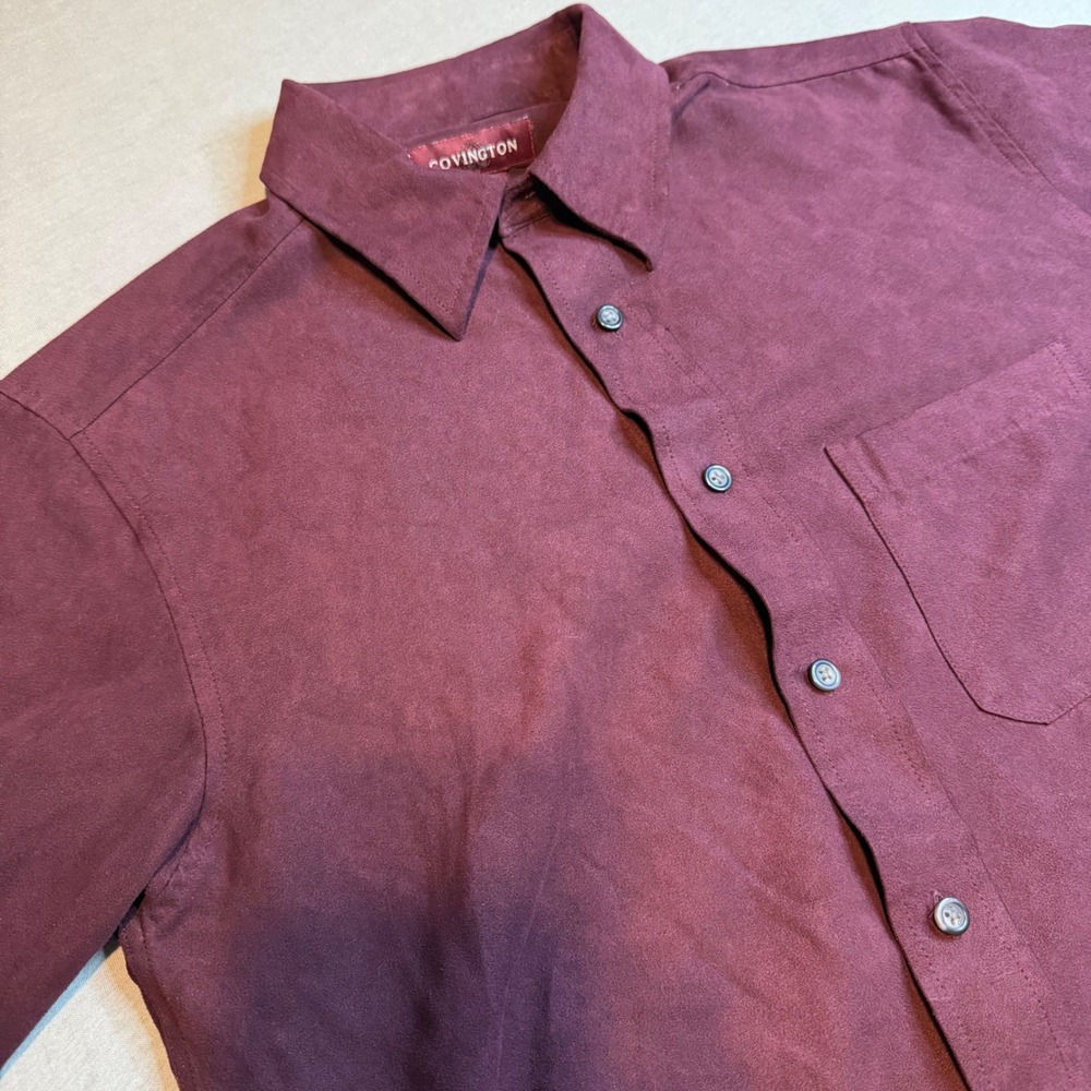 Covington Mens Small Burgundy Faux Suede Long Sleeve Button Down Shirt Wine Red